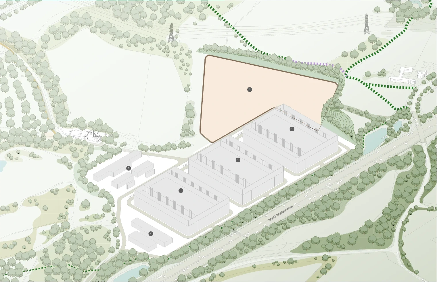 SDC axonometric view showing three data centres beside the M40, the power-strategy area, substations and battery storage